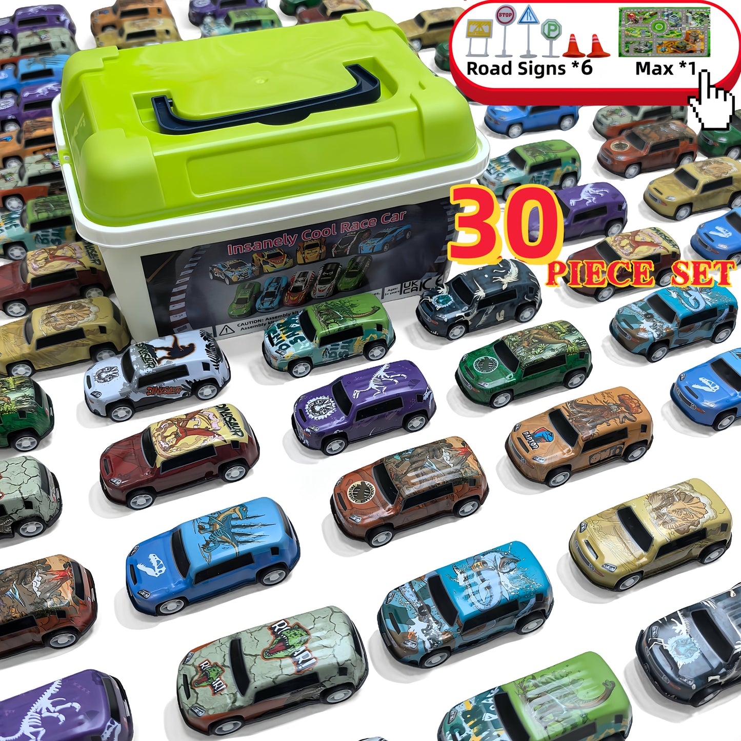 Dinosaur Toy Car Set 29-30pcs, Mini Pull Back Racing Cars with T-Rex Spinosaurus Pterodactyl Figures & City Traffic Map