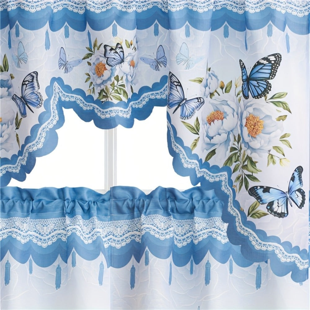 Three-Piece Butterfly Floral Window Curtain Set with Rod-Pocket Valance, Two Tiers and Four Colors
