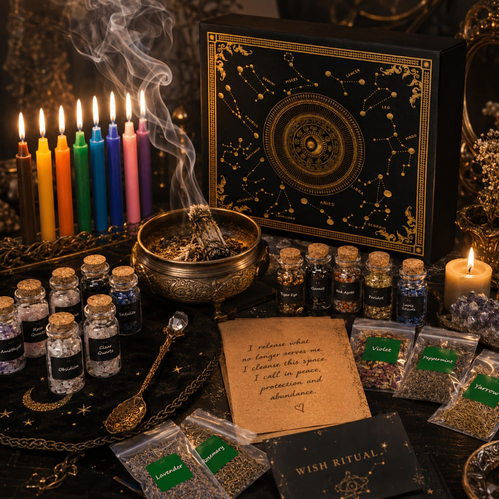 60pcs Witchcraft Supplies Kit for Beginners, Wiccan Supplies & Tools with Crystals, Candles