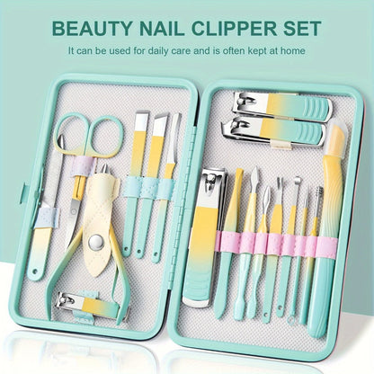 Eighteen-Piece Manicure and Pedicure Kit with Gradient Case, Clippers, Scissors, Files and Pushers