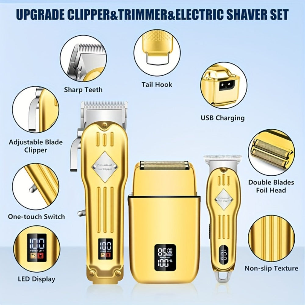 Hair Clippers & Trimmers Three-Piece Set with Full-Size Clipper, T-Blade Detailer, Foil Shaver and LCD Displays
