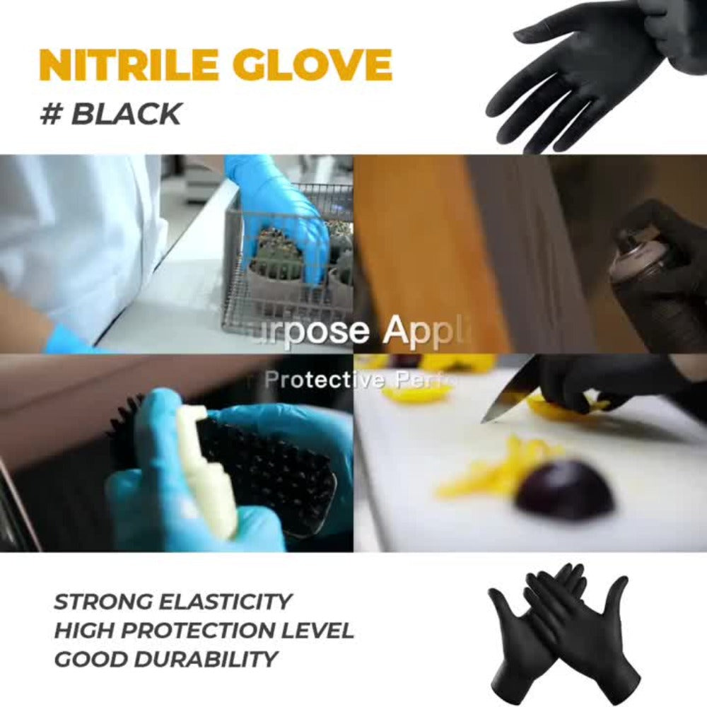 Black Nitrile Disposable Gloves in 100-Count Packs with 6 Mil Label and M, L or XL Size Options