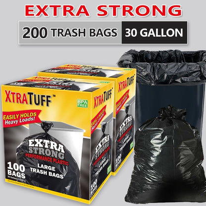 30-Gallon / 113.5-Liter Black Trash Bags, 200-Count Pack in Four Rolls and Two Boxes with Tie Handles
