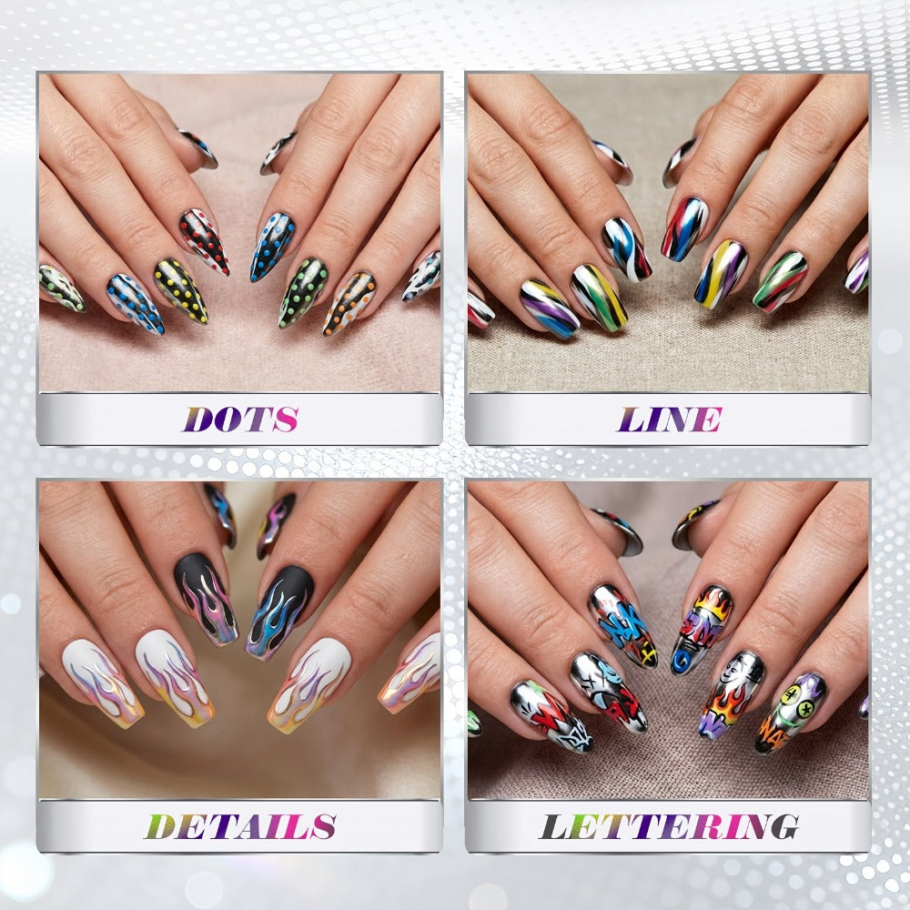 Nail Art Pens Set 10 Metallic Colors with 12pcs Nail Stickers – Dual-Headed 3D Acrylic Polish Markers for Doodle Dot Line Stitching Graffiti