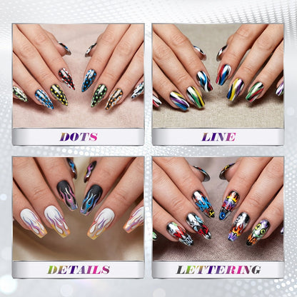 Nail Art Pens Set 10 Metallic Colors with 12pcs Nail Stickers – Dual-Headed 3D Acrylic Polish Markers for Doodle Dot Line Stitching Graffiti