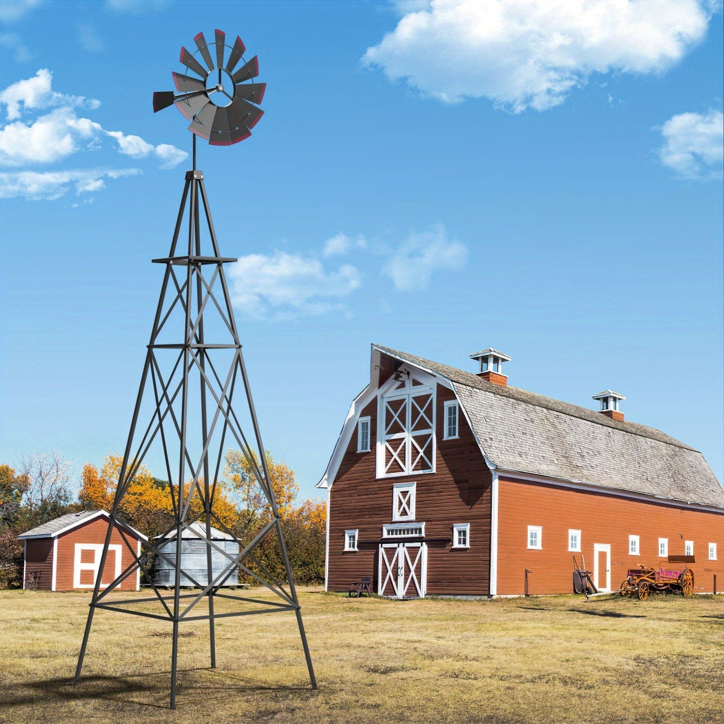 Decorative Windmill 8 ft Metal Outdoor Garden Windmill with Weathervane 4 Ground Stakes All-Weather for Garden, Patio and Yard Use