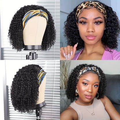 Headband Wig Human Hair Short Curly Pixie 14 Inch No Glue No Lace Glueless Wear and Go Natural, for Home, Travel and Salon Hair Styling