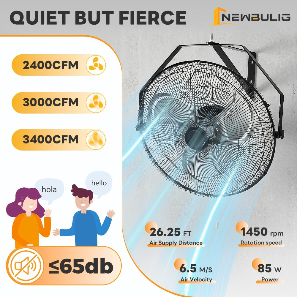 Wall Mount Fan 18/20 Inch Metal High Velocity 3-Speed Oscillating Industrial Fan 3000CFM for Entryways, Bedrooms and Living Spaces