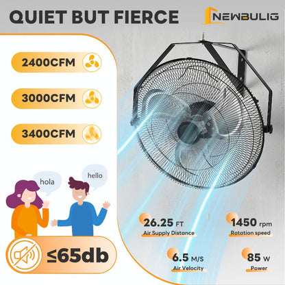 Wall Mount Fan 18/20 Inch Metal High Velocity 3-Speed Oscillating Industrial Fan 3000CFM for Entryways, Bedrooms and Living Spaces