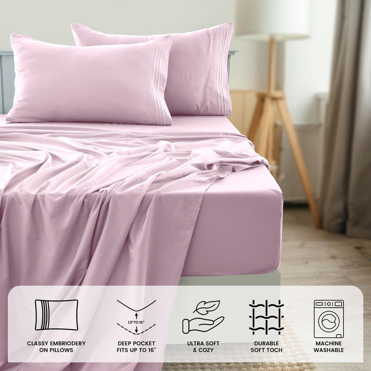 Fitted Sheet Set 6-Piece Brushed Polyester Deep Pocket Bed Sheets 20 Colors Hotel Luxury Bedding with Embroidered Pillowcases