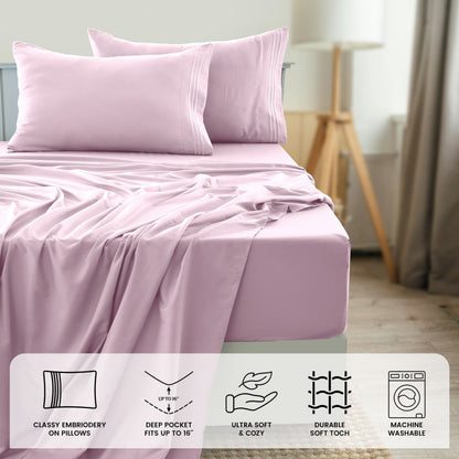 Fitted Sheet Set 6-Piece Brushed Polyester Deep Pocket Bed Sheets 20 Colors Hotel Luxury Bedding with Embroidered Pillowcases