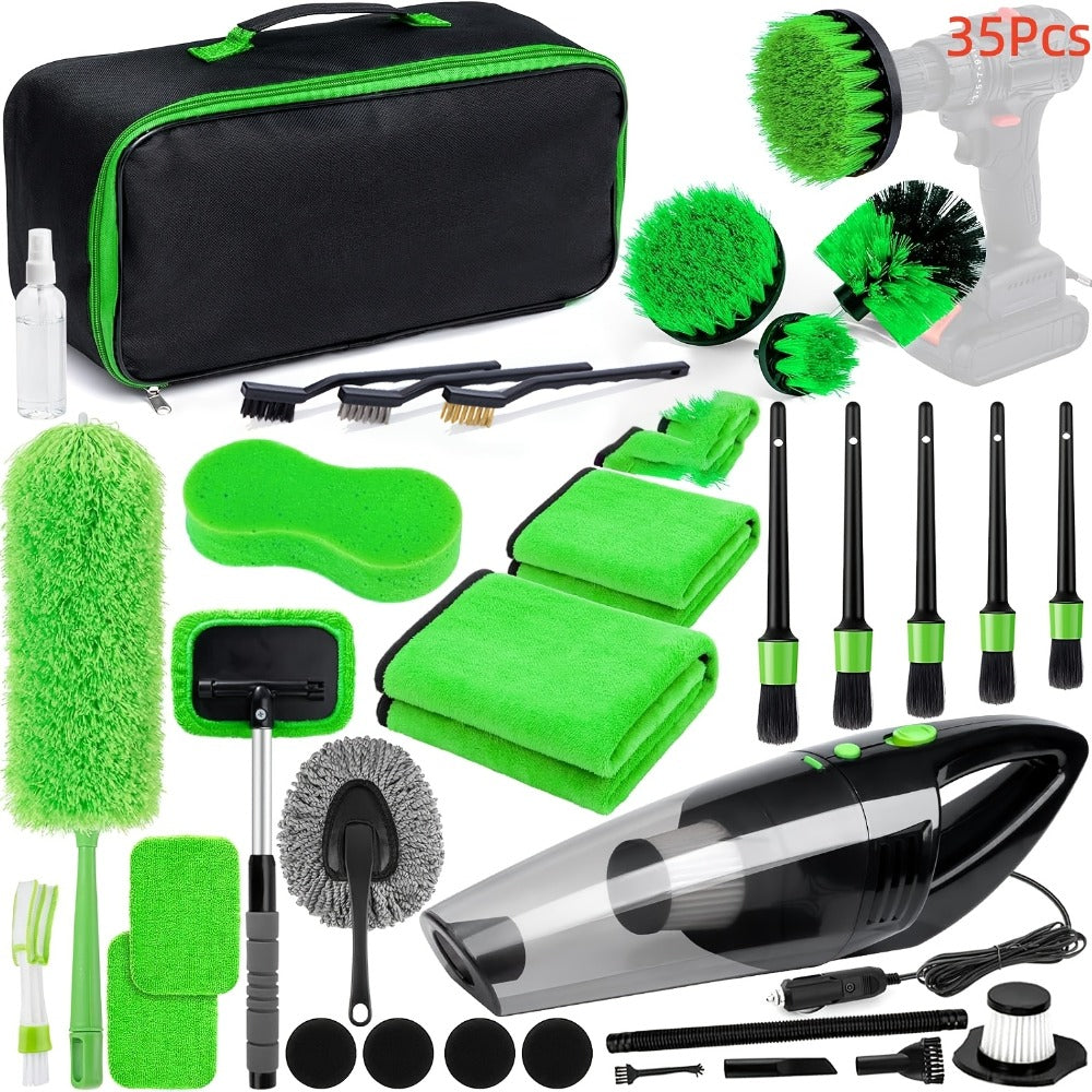 Car Cleaning Kit with Portable Vacuum Cleaner – 17/24/29/32/35pcs Interior Detailing Set with Windshield Cleaner