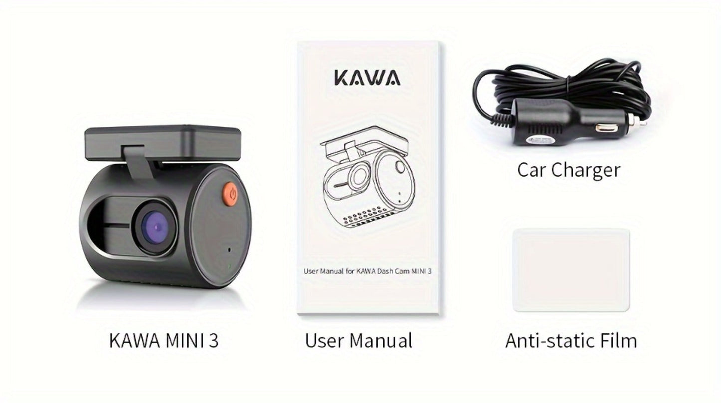 KAWA Mini 3 2K Dash Cam – 1296P QHD WiFi APP & Voice Control, Super Capacitor, Color Night Vision, WDR, Loop Recording, 24H Parking Monitor