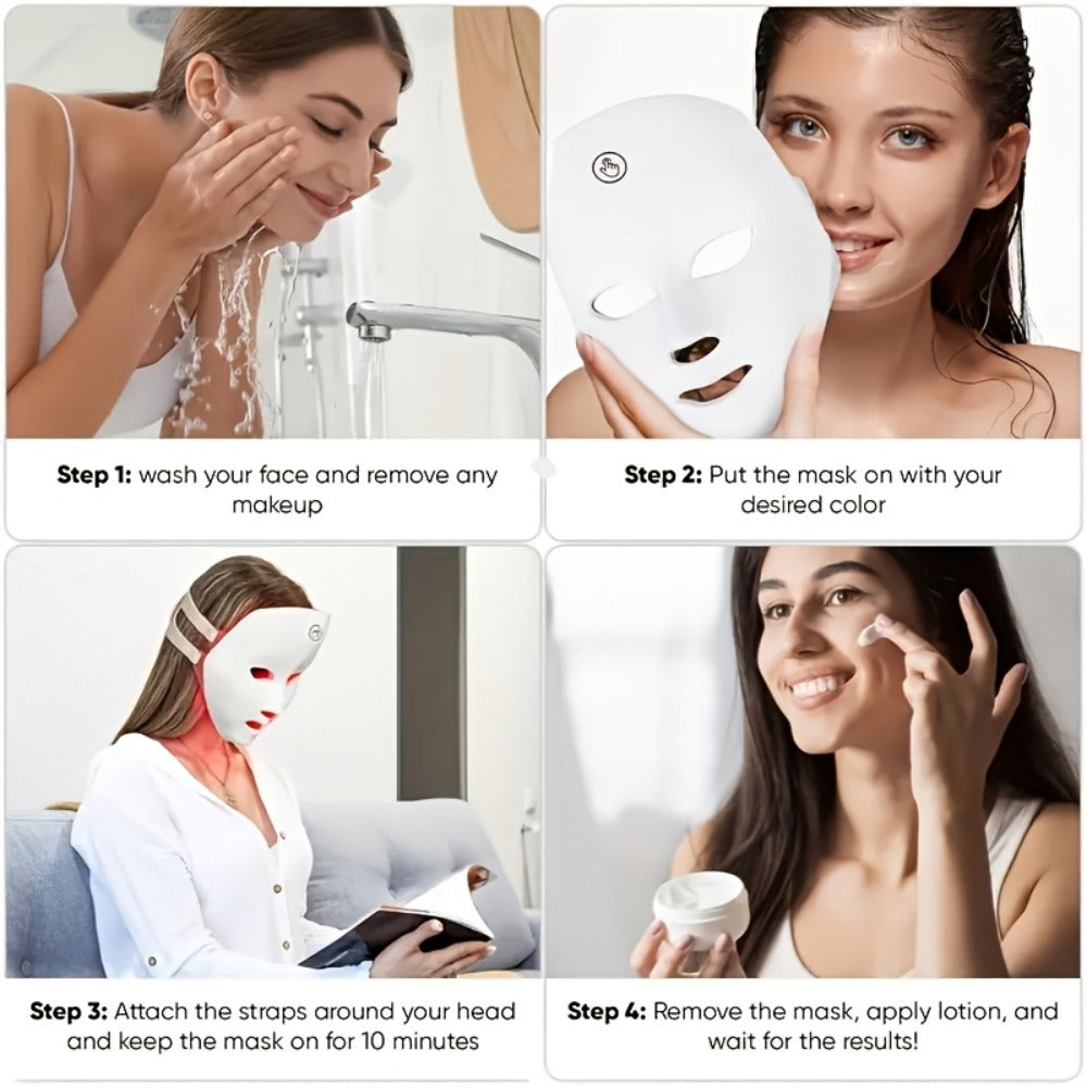 LED Light Therapy Face Mask 7-Function Photon Skin Rejuvenation Device - Red Blue Green Light for Bath Time, Home Spa and Personal Care