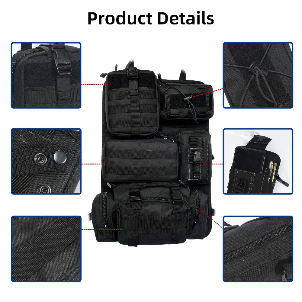 Tactical Car Seat Organizer – MOLLE Nylon Seat Back Storage Bag with 5 Pockets, Front & Rear Seat Protector for Jeep, Truck