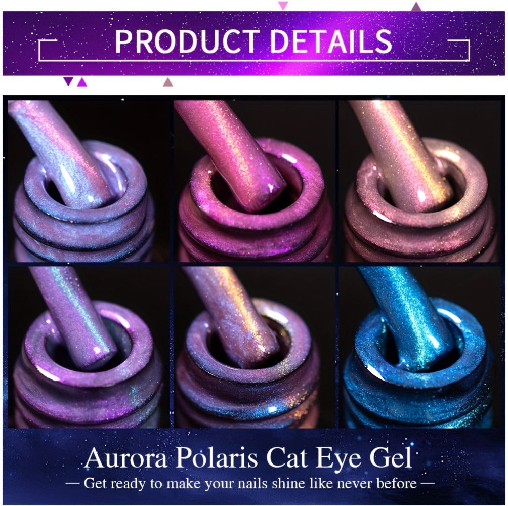 Gel Nail Polish 6-Piece 9D Aurora Magnetic Cat-Eye Set with Pearl-Shell Glitter Effect and UV/LED Soak-Off Cure
