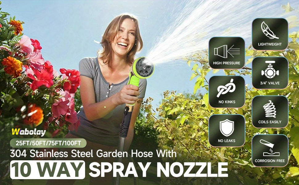 Stainless Steel Metal Garden Hose, Kink-Free, 10-Function Nozzle, Brass Fittings, 10FT to 150FT