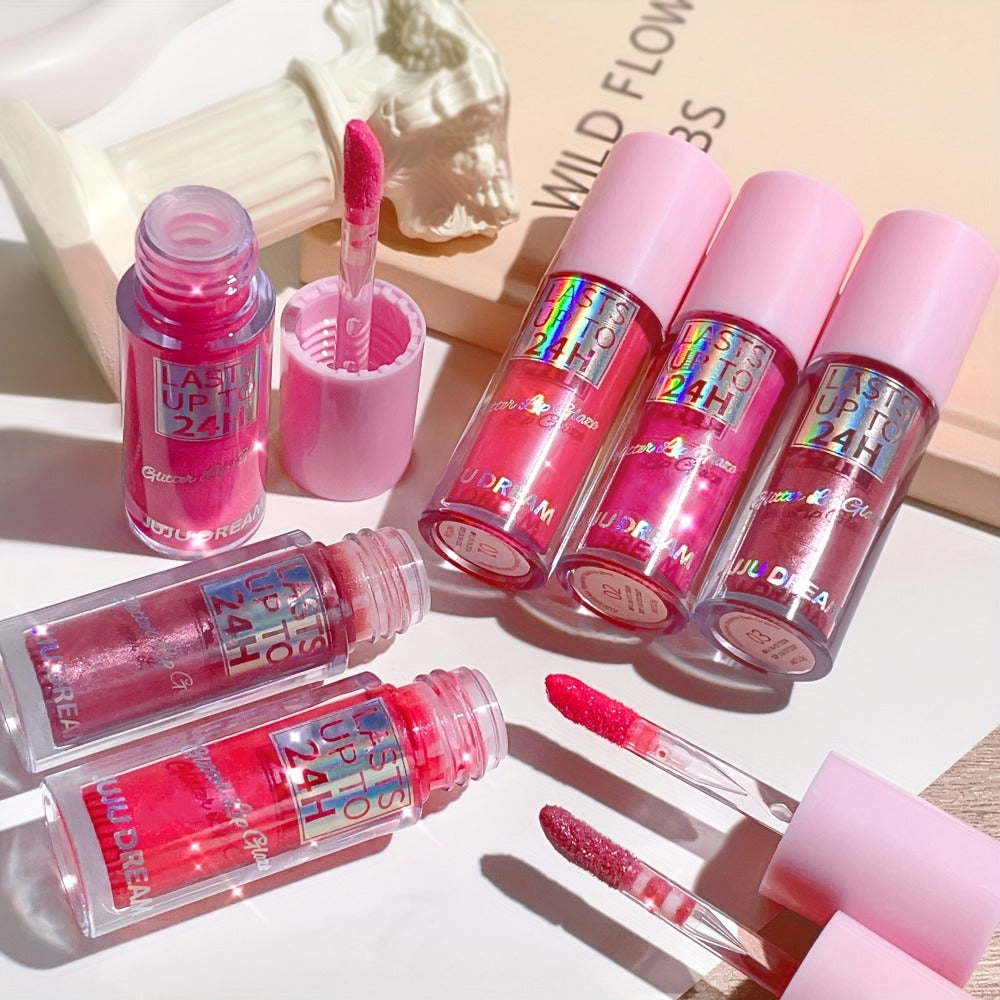 24H Waterproof Glitter Lip Gloss & Lip Stain Set 3PCS, Lip Oil Formula, for Makeup, Travel and Everyday Vanity Use