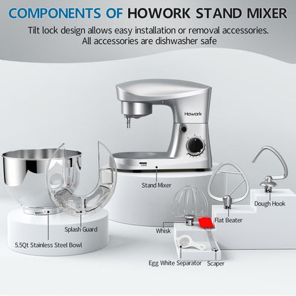 Stand Mixer 5QT, 10-Speed Electric Kitchen Mixer with Dough Hook, Flat Beater, Wire Whip & Pouring Shield