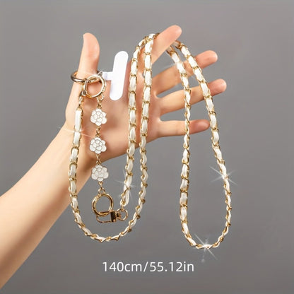 Crossbody Phone Strap Long Chain Pearl Camellia Metal Charm Elegant Lanyard for Women Girls