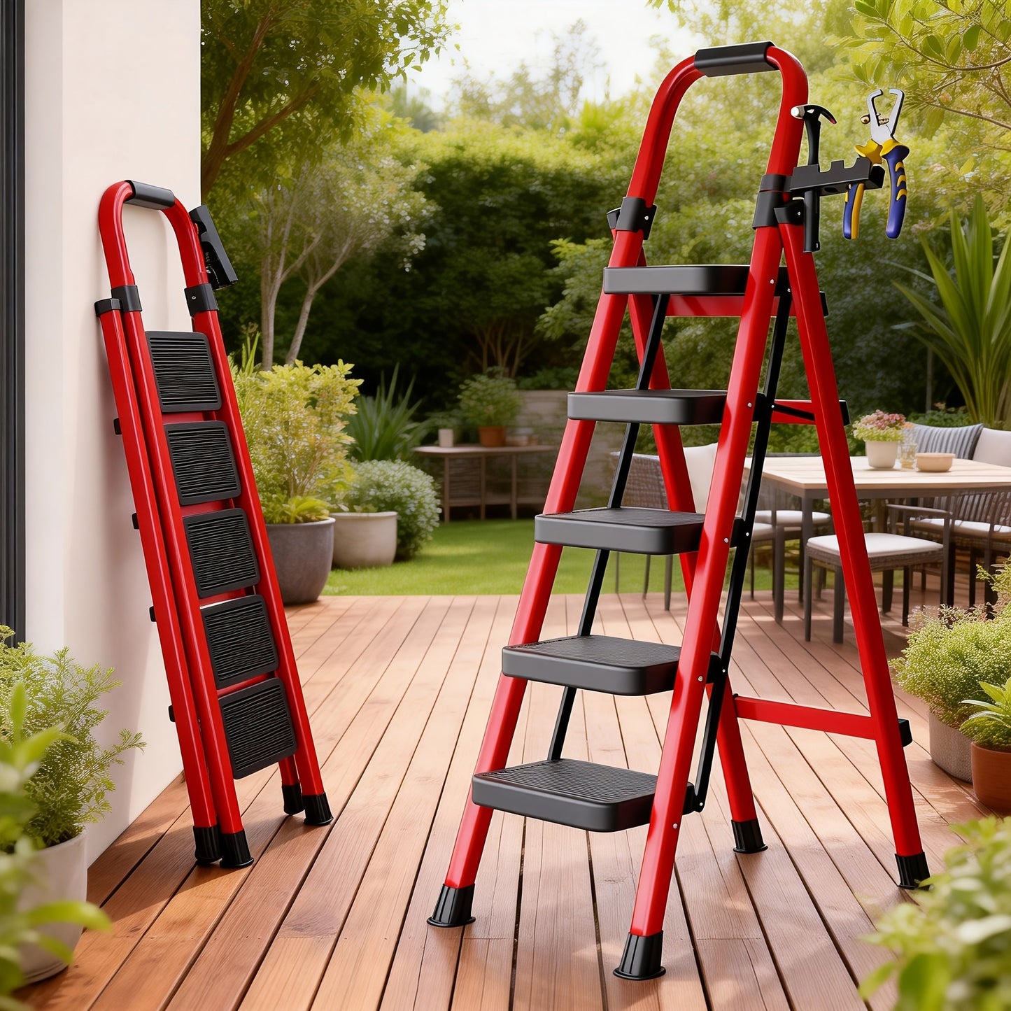 Folding Step Ladder 3 5 Step Steel Anti-Slip Wide Treads Handrail Safety Lock Portable for Home Cooking, Dining and Outdoor Meals