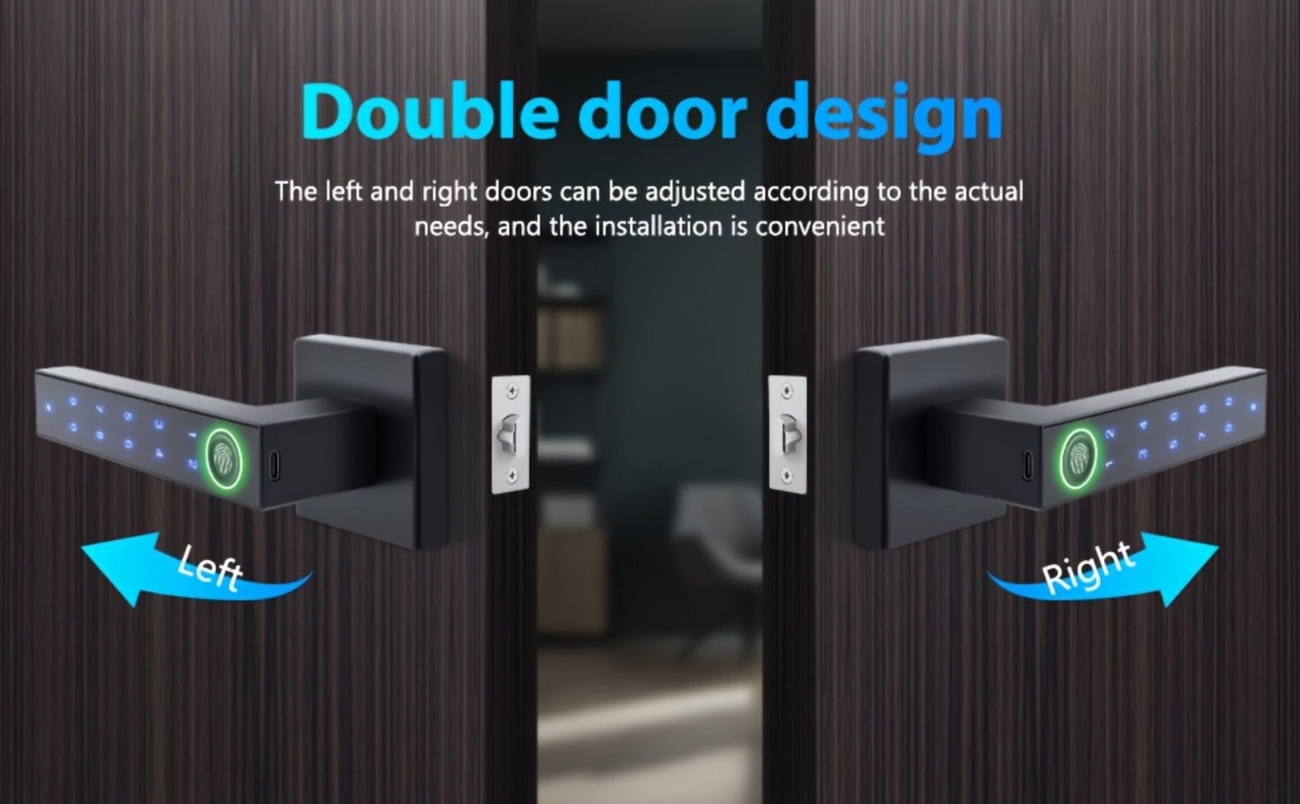 Smart Door Lock Black Lever with Fingerprint Keypad IC Card App Key and Left Right Hand Setup