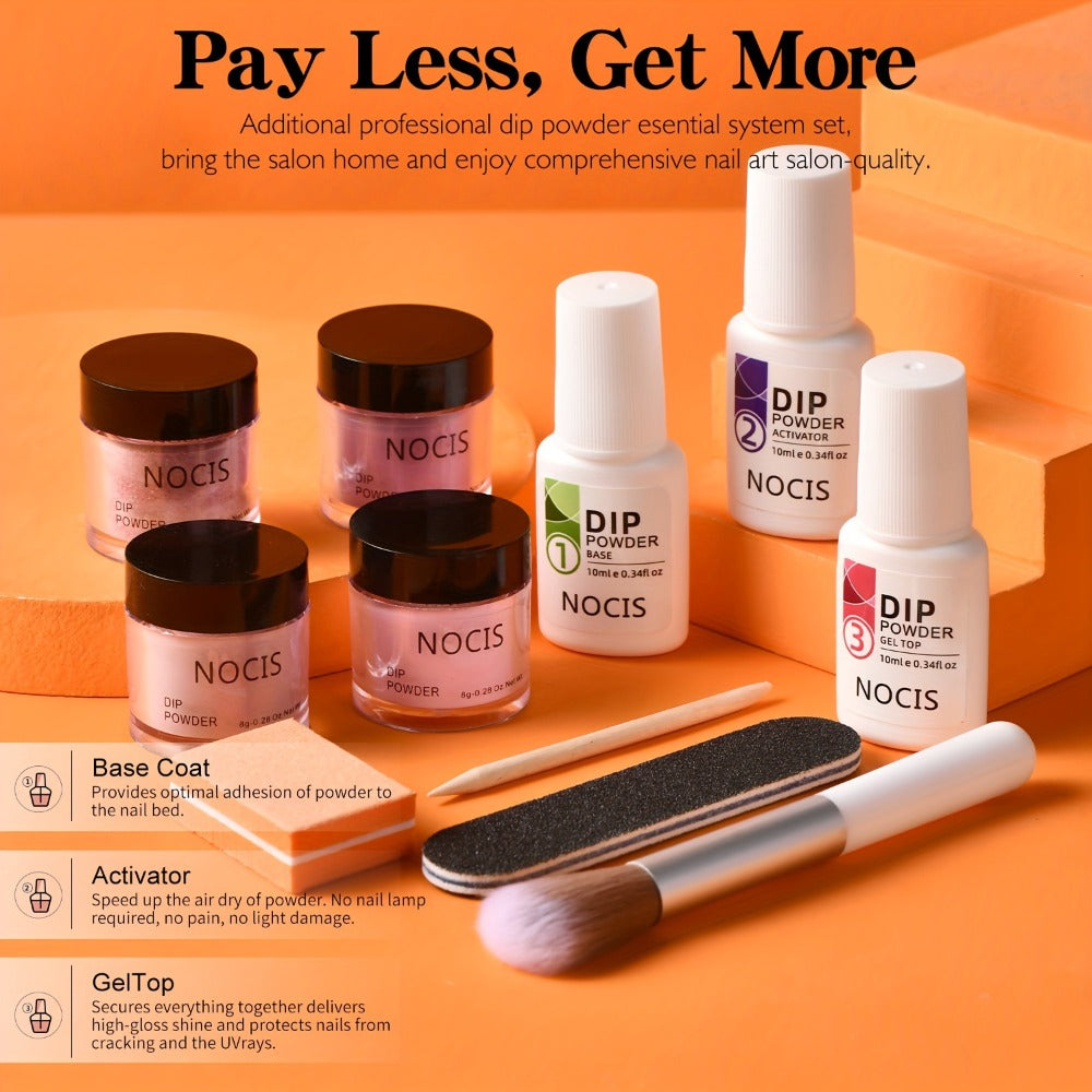 Dip Powder Nail Kit with NOCIS Label, Four Nude Pink Glitter Powders, Three 10ml Liquids and Four Tools