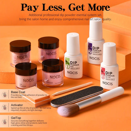 Dip Powder Nail Kit with NOCIS Label, Four Nude Pink Glitter Powders, Three 10ml Liquids and Four Tools