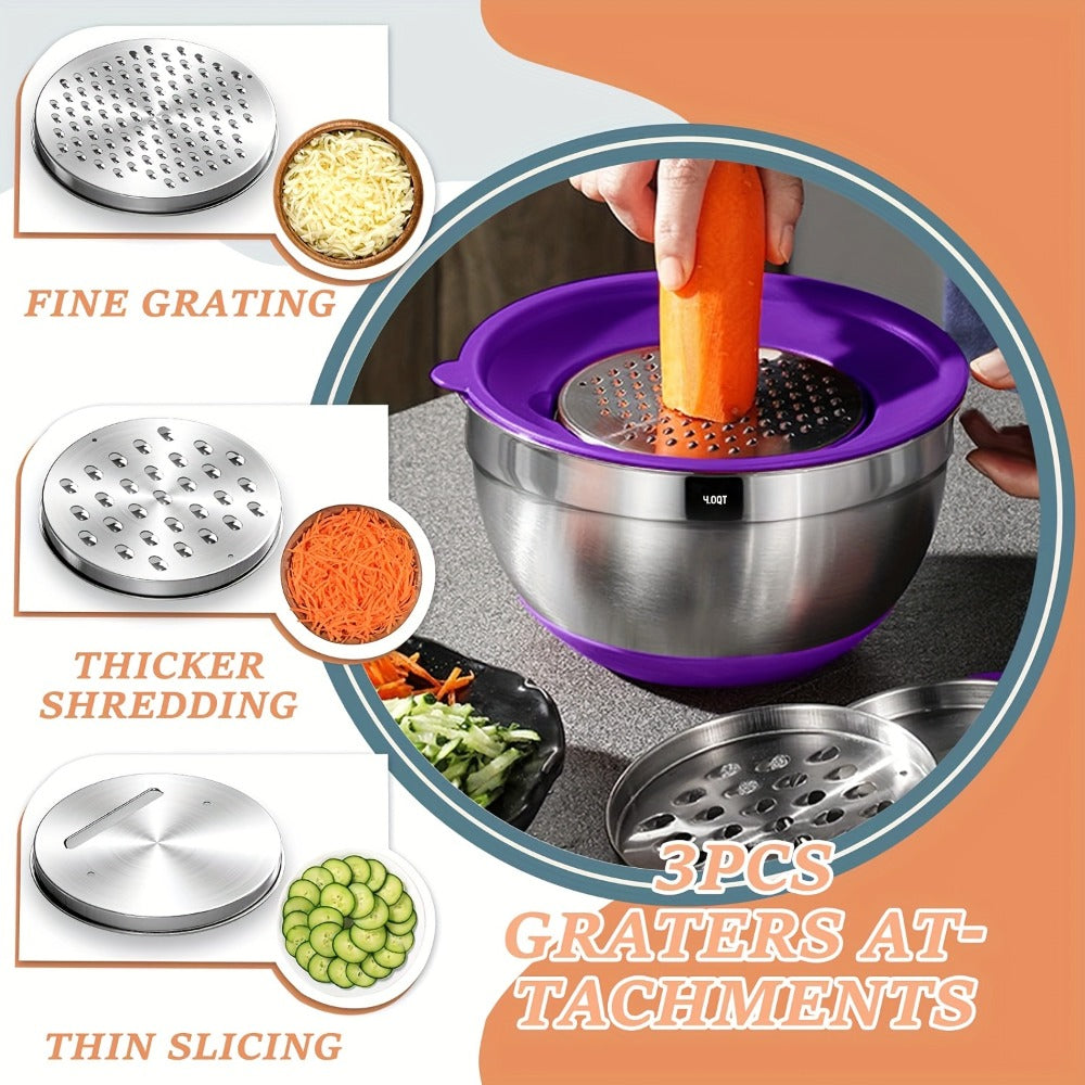Mixing Bowls Set with Airtight Lids, 26pcs Stainless Steel Bowl Set with 3 Grater Attachments, Bottoms