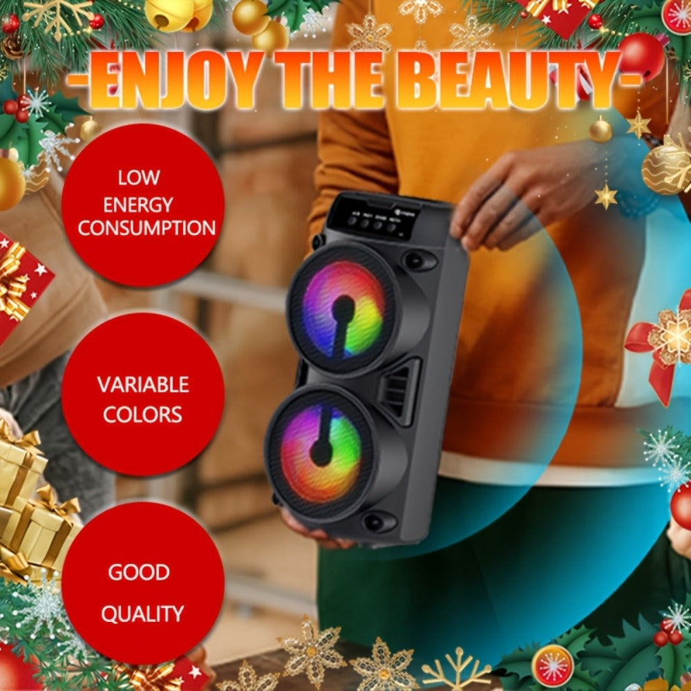 Portable Bluetooth Speaker 10-Inch Model with Dual 4-Inch Drivers, RGB Lights and FM Radio
