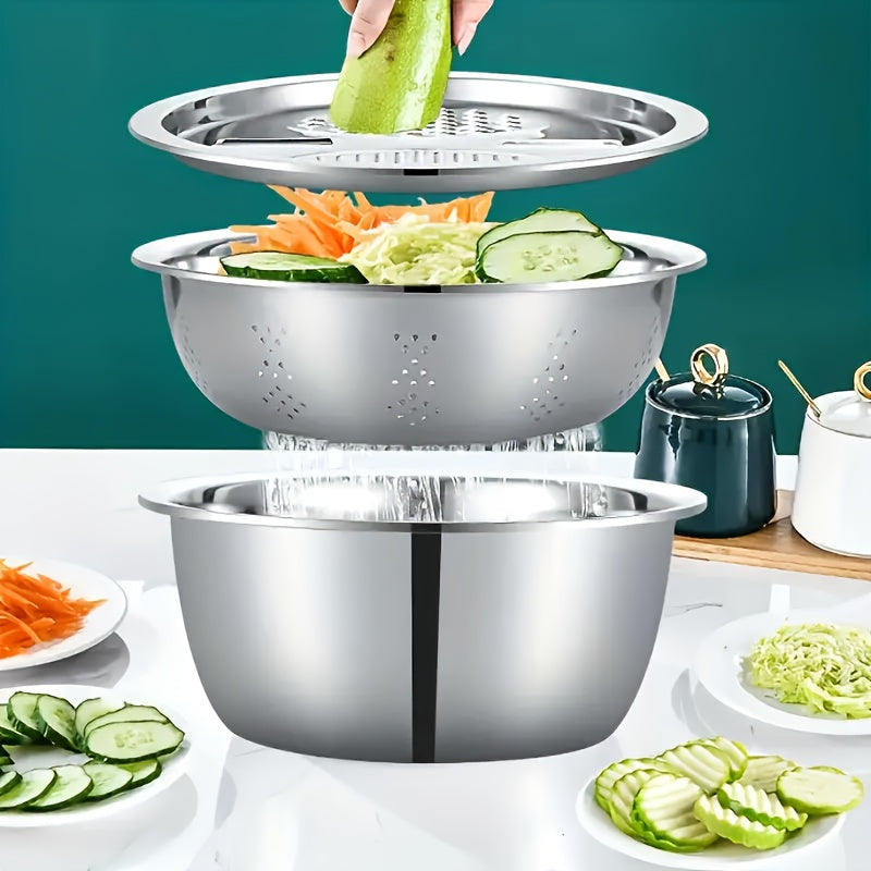 Stainless Steel 3-in-1 Kitchen Prep Set with Mixing Bowl Built-In Grinder Multi-Layer Slicer for Home Cooking, Dining and Outdoor Meals