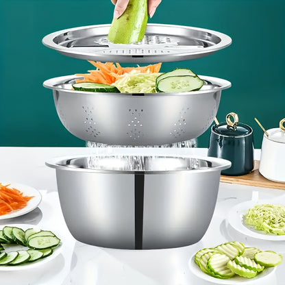 Stainless Steel 3-in-1 Kitchen Prep Set with Mixing Bowl Built-In Grinder Multi-Layer Slicer for Home Cooking, Dining and Outdoor Meals