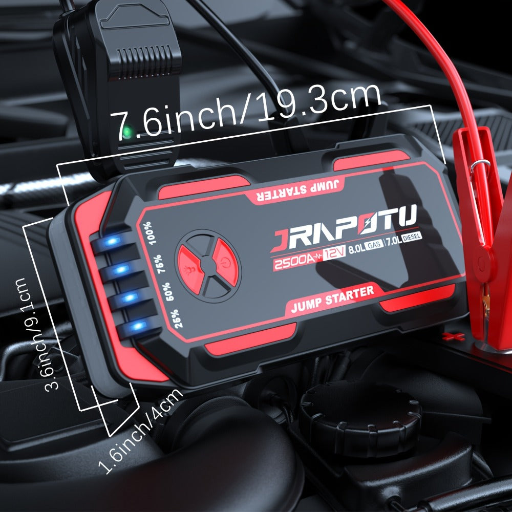2500A Peak Car Jump Starter Portable – 12V Battery Booster Pack with USB-A & USB-C Ports, LED Flashlight, 10000mAh Power Bank