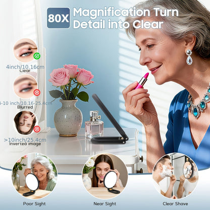 Magnifying Mirror 80X for Makeup & Skincare, Handheld 1X-80X Magnification Mirror with 360° Adjustable Handle