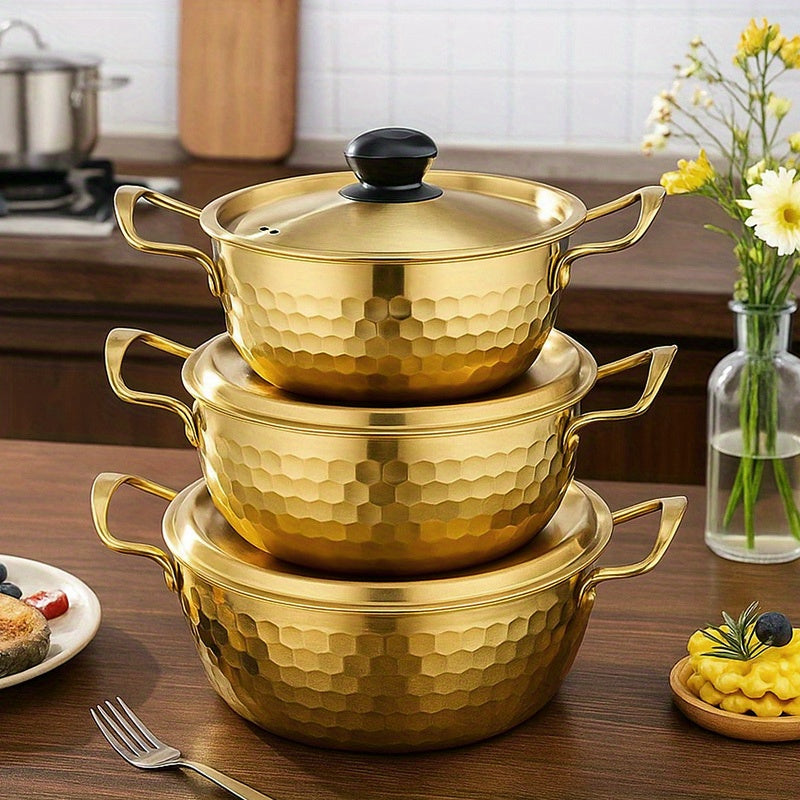 Hammered Gold-Tone Stainless Steel Ramen Pot Set with Three Lidded Sizes and Dual Loop Handles