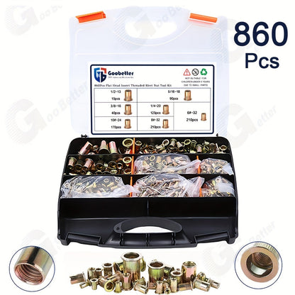 860pcs Rivet Nut Kit SAE UNC Assortment for Entryways, Bedrooms and Living Spaces, with the Listed Configuration