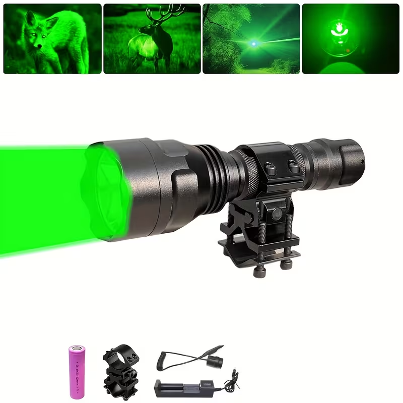 Flashlight Red, Green or White Hunting Light with Remote Switch, 18650 Battery and Mount Options