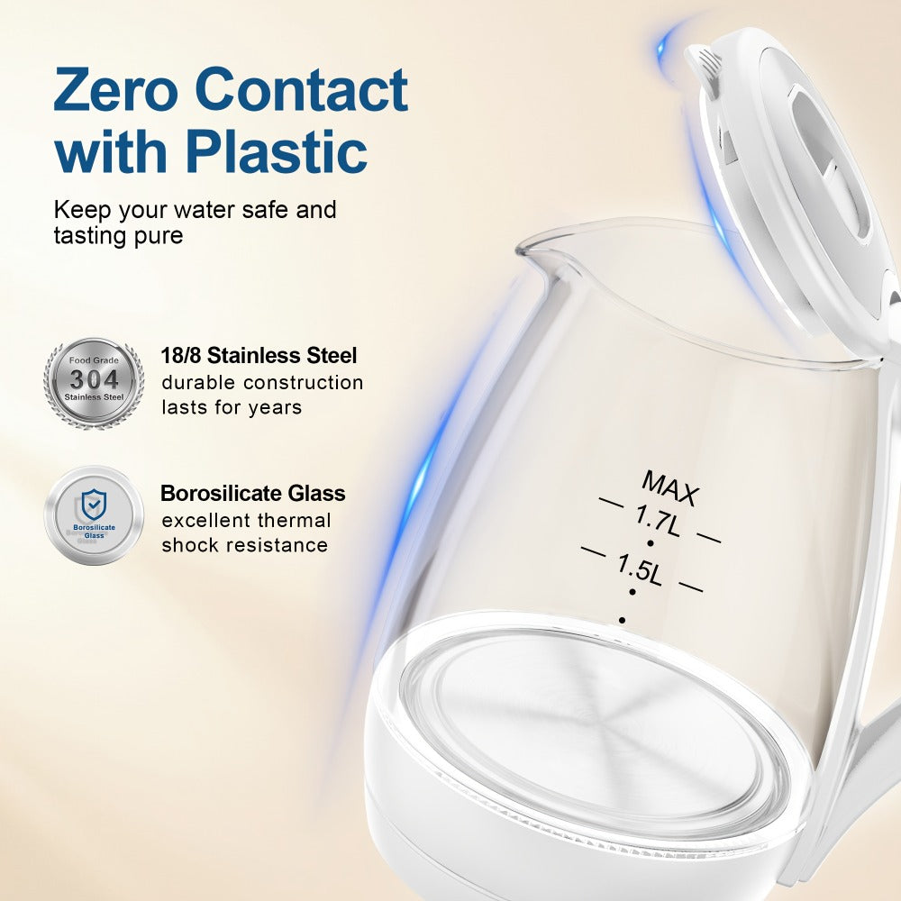 Electric Kettle 1.7L 1200W Borosilicate Glass with Blue LED, Auto Shut-Off and Cordless Base
