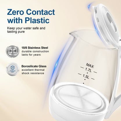 Electric Kettle 1.7L 1200W Borosilicate Glass with Blue LED, Auto Shut-Off and Cordless Base
