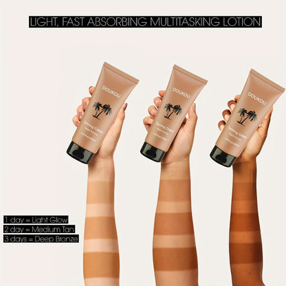 Sunless Self-Tanning Cream 100ml in Squeeze Tube with Light, Medium and Deep Shade Application Graphic