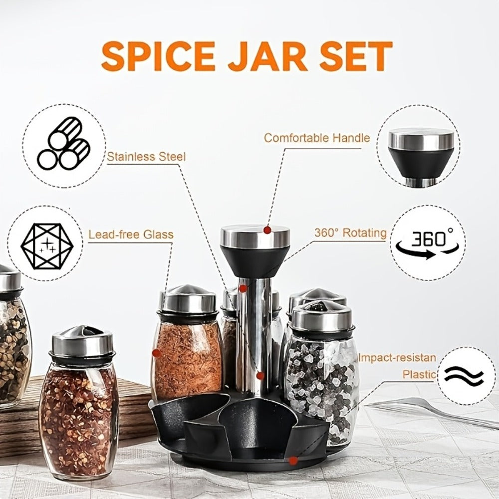 Glass Spice Jar Set with Rotating Rack, Airtight Kitchen Spice Organizer with 360° Stainless Steel Stand