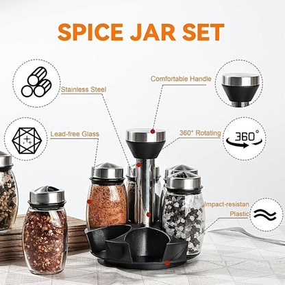 Glass Spice Jar Set with Rotating Rack, Airtight Kitchen Spice Organizer with 360° Stainless Steel Stand