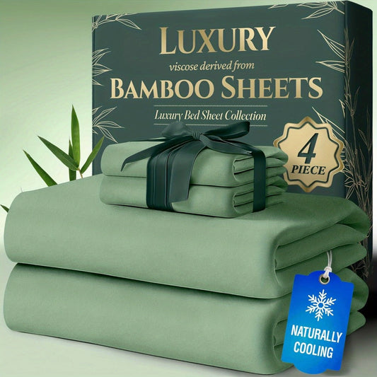Bed Sheet Set Bamboo-Derived Fabric with Four Bed Sizes, specified Sheet Dimensions and Thirteen Colors