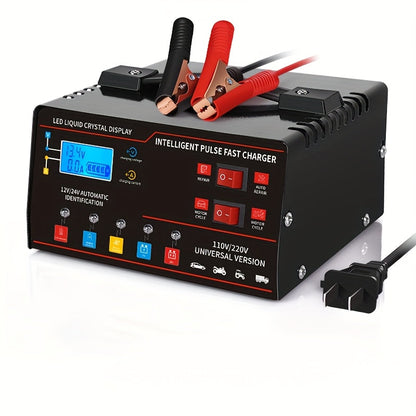 AF01 12 V and 24 V Battery Charger with LCD Display, Alligator Clamps, Carry Handle and Cooling Fan