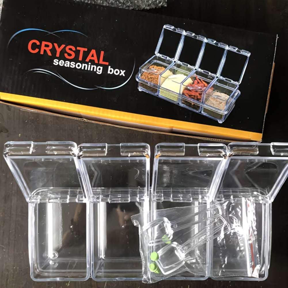 Four-Grid Clear Spice Box Set with Individual Flip-Top Lids, Shared Base, Four Compartments and 26cm Length