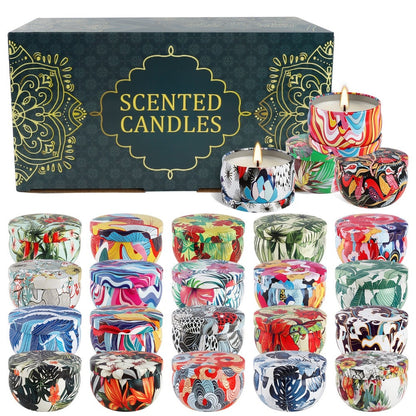 24-Piece Rain-Scent Candle Set with Lidded 2.5oz Decorative Metal Travel Tins and Fragrance Labels