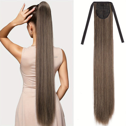 Hair Extensions Straight 34-Inch Synthetic Ponytail with Ribbon Wrap and Five Mixed or Natural-Tone Colors