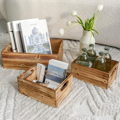 Wooden Crates with Handles Set of 3, Rustic Farmhouse Storage Boxes for Pantry, Shelf, Closet, Arts & Crafts