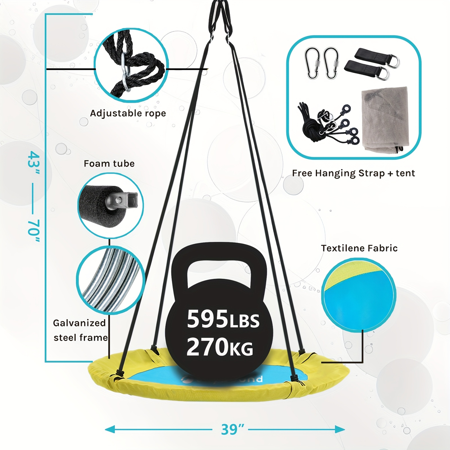 Flying Saucer Tree Swing 39"-43" – Textilene Fabric, UV & Tear Resistant, 360° Rotating with Adjustable Rope