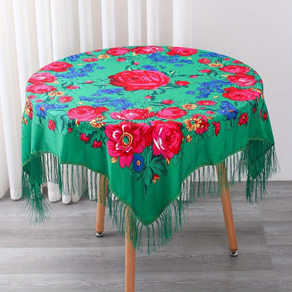 Tablecloth Square 53-Inch Floral Cover with Tassel Trim, Polyester Fabric and Six Color Options